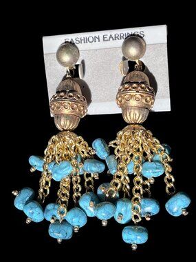 Vintage 80s 90s Turquoise Bead Tassel Clip On Earrings 4.5 Inch
